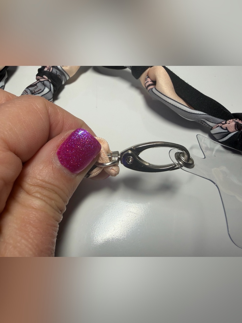 Silk-Twilly Pink and Black tied onto a leather lanyard holder/cell phone cord. - Picture 10 of 12